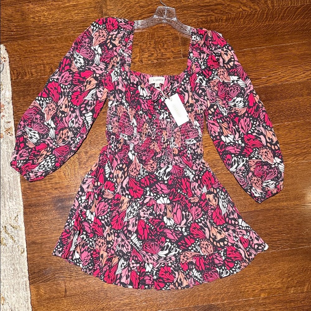 L Space Cassidy Butterfly Pink Long Sleeve Mini Dress